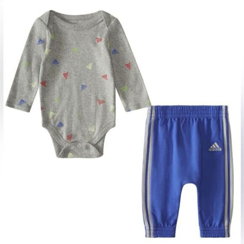 NWT Adidas Baby 2 Piece Logo Gray Body Shirt Blue Jogging Pant Set - Size 6M